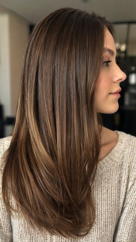 Vibrant Long Hairstyles for Half-Up Bun 👑 Brown Hair No Face, Long Hair Without Layers, Hair Without Layers, Hair No Face, Long Face Framing Layers, Long Face Framing, Dark Brown And Blonde Hair, Long Choppy Layers, Dark Brown And Blonde