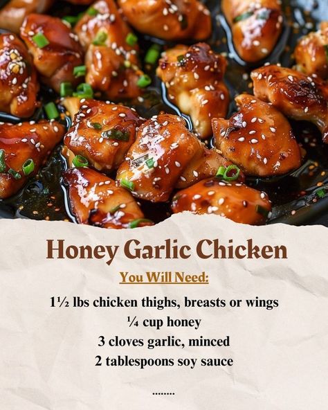 Marinate chicken in honey, garlic, soy sauce, olive oil, sesame oil, salt, and pepper. Cook garlic honey mixture for 5-6 minutes on each side, or until golden brown. Simmer remaining marinade to thicken and glaze the chicken. Serve with steamed rice and enjoy! \n#HoneyGarlicChicken #GlazedChicken #GarlicMarinade Garlic Herb Chicken Marinade, Honey Garlic Chicken Thigh Recipes, Honey Garlic Sauce Recipe, Honey Garlic Soy Sauce, Honey Business, College Diet, Soy Garlic Chicken, Honey Garlic Chicken Thighs, Marinate Chicken