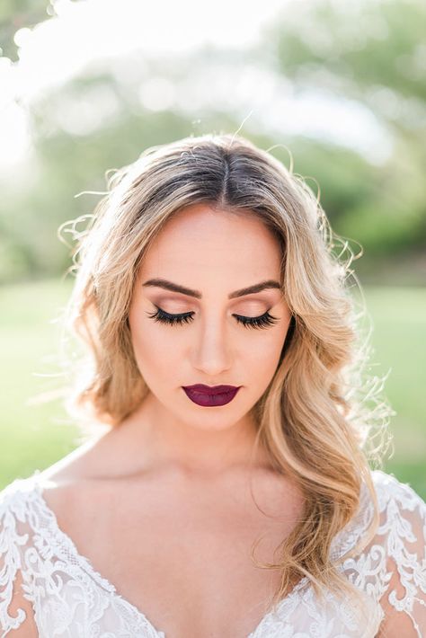 Moody and Dramatic Bridal Makeup with a Deep Red Lip Wedding Makeup On Fair Skin, Moody Wedding Makeup Inspiration, Wedding Full Face Makeup, Natural Wedding Makeup With Red Lips, Moody Fall Bridal Makeup, Bridal Makeup Maroon Lips, November Wedding Makeup Brides, Moody Bride Makeup, Classic Makeup Wedding