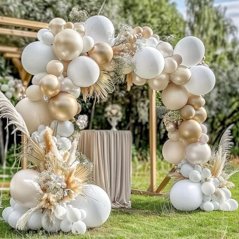 ♡【BALLOON ARCH KIT】:  Our double stuffed white balloon garland kit inclueds : 18/12in double stuffed white balloons(12pcs), 10/5in matte white balloons(25pcs), 18/12/5in white sand/off white balloons(27pcs), 12in doubled pearl white balloons(10pcs), 12in doubled pearl white sand balloons(10pcs), 12in double stuffed pearl gold balloons(10pcs). 1 roll balloon garland strip, 1 roll balloon glue dot and white curling ribbon . Double stuffed balloons are very thick so some low-power electric air pump White Diamond Anniversary Party, Bridal Arch, Wedding Balloon Arch, White Balloon Arch, Prom Party Decorations, Gold Party Decor, Stuffed Balloons, Pearl Balloons, White And Gold Decor