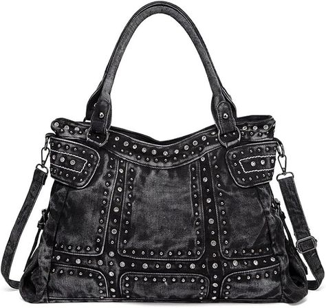 Retro Denim Hobo Bag for Women Large Capacity Jeans Handbag Shoulder Bag Rivet Punk Style Crossbody Bag (Black): Handbags: Amazon.com Y2k Handbag, Casual Fashion Trends, Bags Casual, Denim Handbags, Girls Handbags, Denim Tote, Estilo Punk, Canvas Handbags, Denim Bag