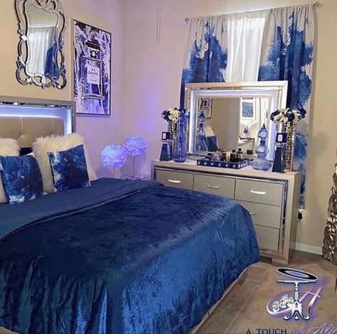 Gray And Navy Blue Bedroom Ideas, Royal Blue And Grey Bedroom Ideas, Glam Bedroom Decor Blue, Royal Blue Theme Bedroom Ideas, Royal Blue And Silver Bedroom Ideas, Blue Silver Bedroom Ideas, Royal Blue Bedroom Ideas For Women, Blue Bedroom Decorating Ideas, Royal Blue Bedroom Ideas For Couples