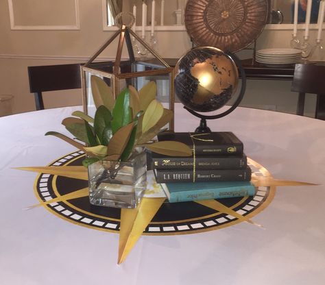 Compass Theme Party, Compass Centerpiece Ideas, Missions Banquet Centerpieces, Map Centerpiece Ideas, Travel Party Centerpieces, Globe Centerpiece Ideas, Around The World Prom Theme, Compass Theme, Work Retirement Party Ideas