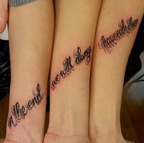 Cool Friend Tattoo Ideas, Sister Tattoos For 3 Meaningful Quotes, Matching Tattoos For 3 People, Unique Sister Tattoos For 2, Family Tattoos Ideas, Sister Tattoos For 3 Meaningful, Trio Tattoo Ideas, Sister Tattoos For 3, Connecting Tattoos