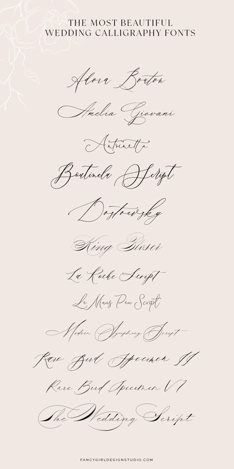 The Most Beautiful Calligraphy Fonts - Fancy Girl Designs Y Calligraphy Letter, Fancy Signatures, Wedding Calligraphy Fonts, Canva Wedding Fonts, Wedding Stationery Fonts, Best Wedding Fonts, Joy Calligraphy, Beautiful Signatures, Calligraphic Fonts