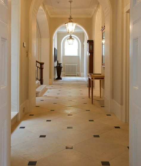 Old stone hallways are generally better cared for than the utilitarian areas of the house, and this leads to them ageing in a subtly different way. Our proprietary Artisan Aged finish perfectly recreates this sought-after look with a lightly chipped and hand honed surface. Tiled Hallway Floor, Modern Foyer Design, Foyer Design Ideas, Hall Tiles, Limestone Floor, Limestone Floor Tiles, Modern Foyer, Hall Flooring, Stone Floors