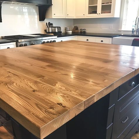 Oak kitchen countertop Wood Look Countertops Kitchen, Teak Countertop, Wood Floor Countertops, Homemade Kitchen Countertops, Kitchen Countertops Wood, Maple Countertops, Kitchen Island With Wood Countertop, Wood Counters Kitchen, Red Oak Countertop