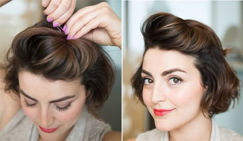 Use bobby pins to add a pompadour to your hair. Short Hair Bride, Short Hairdos, Short Brown Hair, Pin Up Hair, Ombré Hair, Short Wedding Hair, Penteado Cabelo Curto, Short Hair Updo, Trending Hairstyles