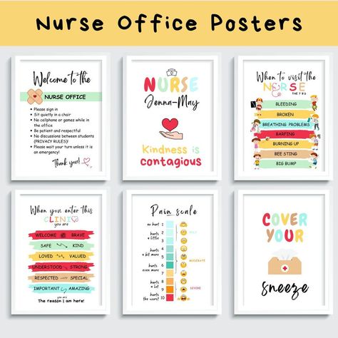 School nurse office poster Middle School Nurse Office, School Nurse Posters Free Printable, School Nurse Office Decorations Ideas, School Clinic Ideas Nurse Office, School Nurse Office Set Up, Clinic Room Ideas, Elementary Nurse Office, School Nurse Office Door, School Nurse Door Decoration