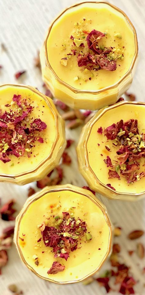 Rice Pudding Photography, Saffron Recipes Dessert, Saffron Desserts, Recipes With Saffron, Saffron Milk Cake, Rose Pudding, Rose Recipe, Saffron Milk, Persian Desserts