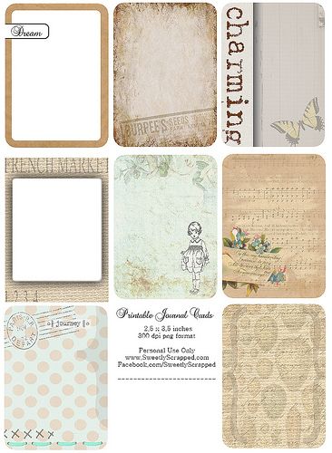 YEP - Petites cartes de journaling tirées du blog Sweetly Scrapped.  Tout n'est pas bon à prendre : l'effet toile de jute (2 ligne, 1re image) n'est pas génial, la dernière image tout en bas à droite n'est pas super non plus. Les autres rendent bien. Printables Journal, Scrapbooking Printables, Book Scrapbooking, Printable Journal Cards, Project Life Printables, Etiquette Vintage, Book Stickers, Free Vintage Printables, Project Life Cards