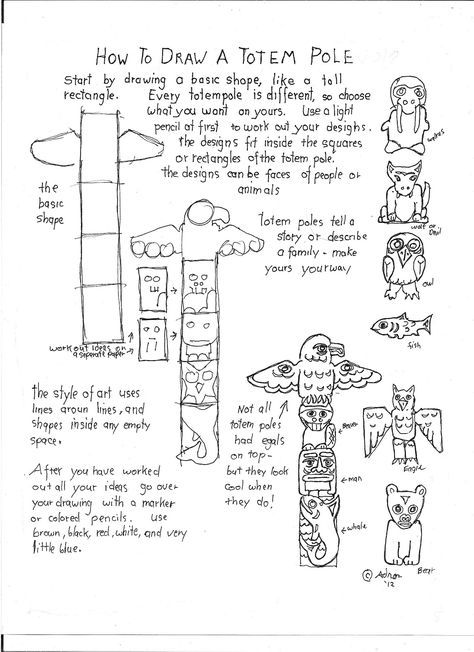 How To Draw A Totem Pole Worksheet  You can read the lesson at the blog. http://drawinglessonsfortheyoungartist.blogspot.com/2012/12/how-to-draw-totem-pole-worksheet.html Totem Pole Drawing, Arte Haida, Native American Art Projects, Totem Pole Art, Native American Totem, Art Handouts, Pole Art, Wilde Westen, Art Worksheets