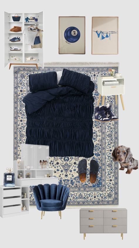 Navy Room 💙✨🌨 #room #aesthetic #decor #roomdecor #roominspo #navy #blue #design #dreamroom #bedroom Navy Dorm Room, Navy Dorm, Navy Room, Room Aesthetic Decor, Blue Dorm, Blue Room Decor, Navy Blue Bedrooms, Navy Blue Design, Room Ideas Aesthetic