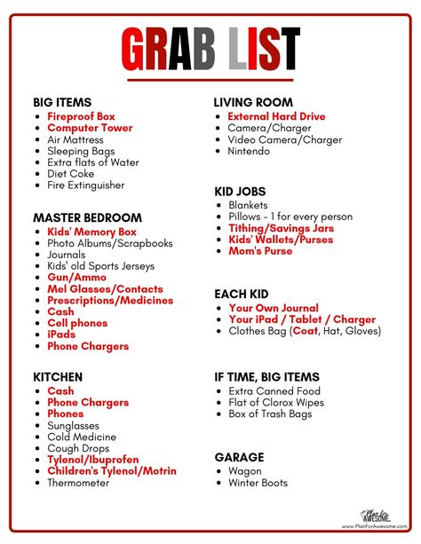 72-Hour Emergency Kits for Beginners - GRAB LIST!  A Grab List is an essential part of a 72-Hour Emergency Kit...things that aren't realistic to have packed and ready to go, but are extremely important.  Don't wait until you are in the moment to think through what you should take! -PlanForAwesome 72 Hour Emergency Kit, Emergency Preparedness Food, Emergency Binder, Emergency Prepardness, 72 Hour Kits, Emergency Preparedness Kit, Family Emergency, Emergency Preparation, Apocalypse Survival