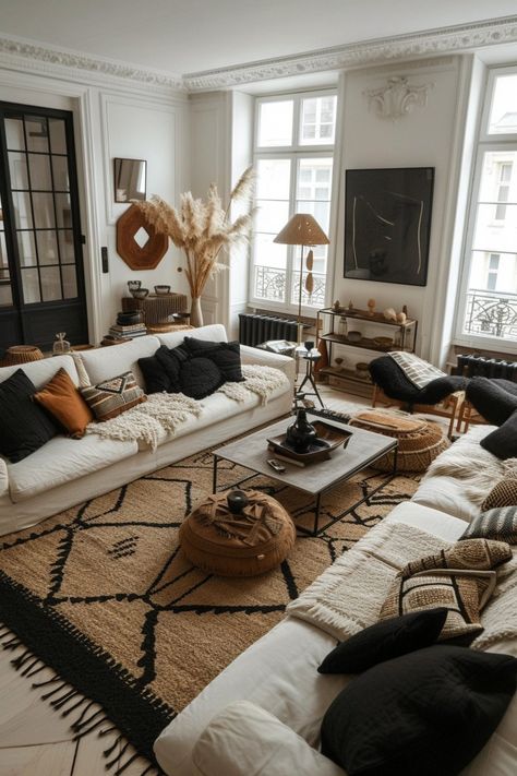 25 Black and Cream Living Room Ideas to Elevate Your Home Black And White Bohemian Living Room, Black Couch And Wood Living Room, 2025 Home Aesthetic, Black White Tan Boho Living Room, Boho Luxury Living Room, Sofa Setup Living Room, Cream Couch Black Pillows, Dark Living Room Rug Ideas, Boho Living Room Couch Ideas