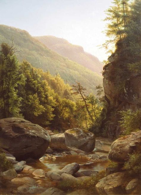 Harriet Cany Peale (1800?1869) "Kaaterskill Clove," 1858 Oil on canvas, 36 x 25 in. Private Collection Hudson River School Paintings, House Exhibition, Carl Spitzweg, Female Painters, Hudson River School, River Painting, Landscape Model, Woodland Scene, Women Artists