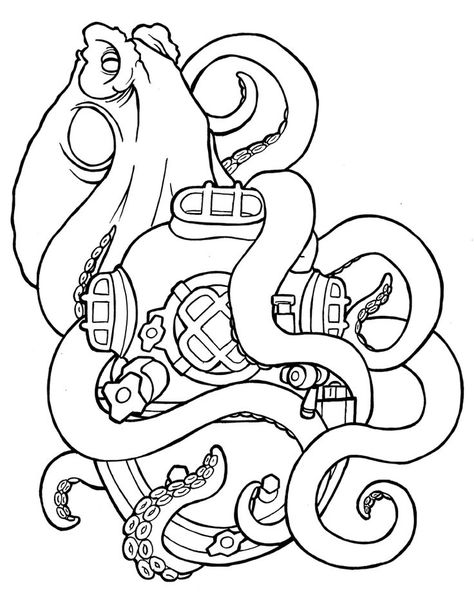 Octopus And Dive Helmet Tattoo, Deep Sea Diver Tattoo Traditional, Octopus Diver Helmet Tattoo, Deep Diver Tattoo, Deep Sea Diver Drawing, Divers Helmet Tattoo, Diver Helmet Tattoo, Deep Sea Diver Tattoo, Diver Tattoo Ideas