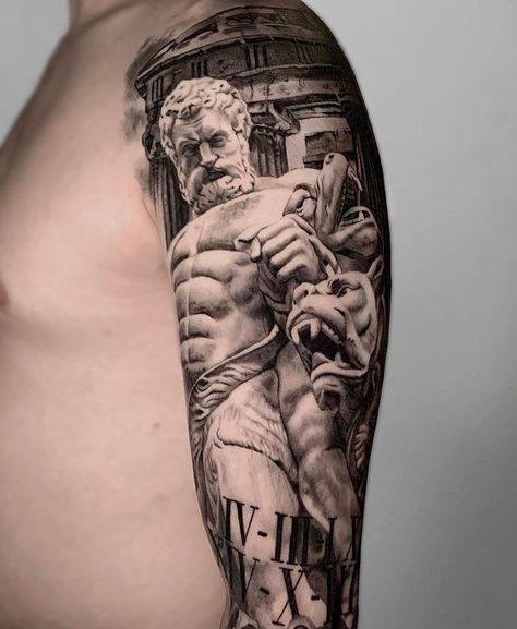 hades-realistic-statue-tattoo-cosa-fina Hades Realistic, Heracles Tattoo, Hades Tattoo Mythology, Hades And Cerberus Tattoo, Hercules Tattoo Mythology, Hades Tattoo Design, Greek Drawings, Mgk Tattoos, Hermes Tattoo