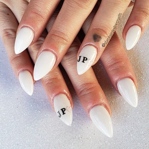 Boyfriend Nails Designs Letter J, Bridal Nails With Initials, Letter Initial Nails, Short Initial Nails, Letter J Nails, J Nails Initial, Nails With Boyfriends Initials, Initials On Nails, Initials Nails