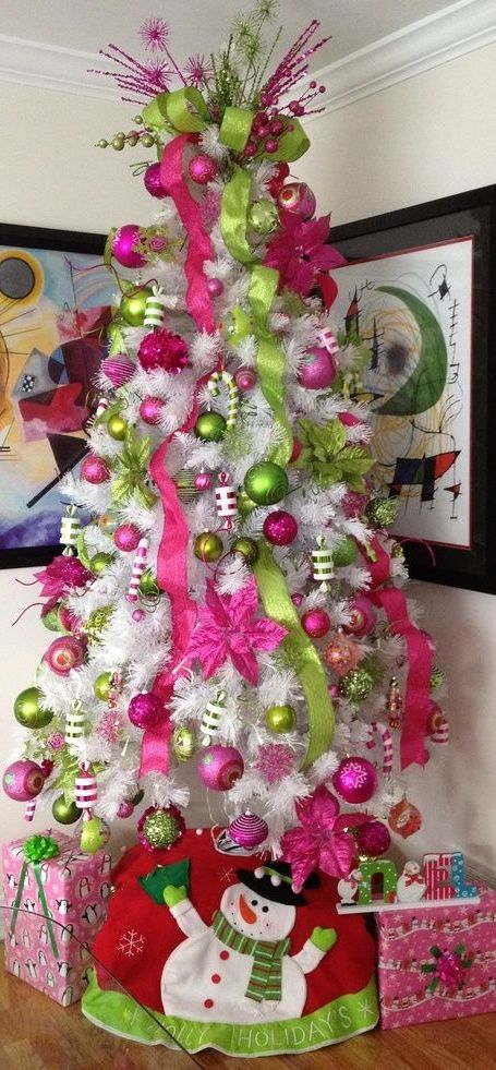 Pink & Colorful Christmas ,white tree with hot pink and green ... |Christmas Tree Decor Hot Pink And Green Christmas Decor, Hot Pink Ornaments Christmas Tree, Green Christmas Tree With Pink Decor, Green And Pink Christmas Tree, Pink And Green Christmas Decor, Pink Green Christmas Tree, Christmas Tree Themes Colors, Pink And Green Christmas Tree, Hot Pink Christmas Tree