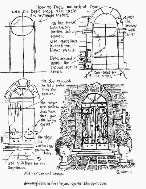 The drawing worksheet below may be printed by highlighting it and sending it to your printer or saving to your device to refer to and print later. This arch door might be found in an old castle or an Drawing Worksheet, Arch Door, Art Worksheets, Architecture Drawing Art, Background Drawing, Basic Drawing, Architectural Drawing, Sketchbook Pages, Park Art