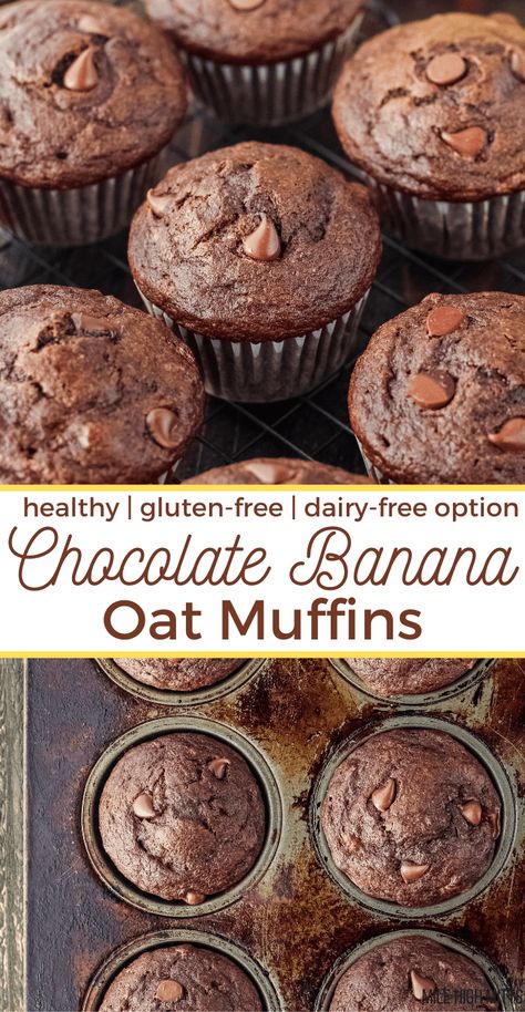 Oat Flour Breakfast Muffins, Banana Dairy Free Recipes, Oat Flour Banana Recipes, Oat Flour Healthy Recipes, High Fiber Chocolate Muffins, Protein Muffins With Oat Flour, Oat Flour Vegan Muffins, Gluten Free Muffins Oat Flour, Banana Oat Chocolate Muffins