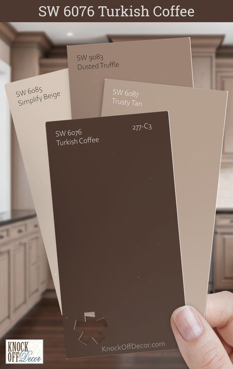 Sherwin-Williams Turkish Coffee color scheme in a kitchen Sherwin Williams Sable Brown, Dusted Truffle Sherwin Williams, Sherwin Williams Turkish Coffee, Coffee Paint Colors, Sherwin Williams Brown Paint Colors, Coffee Paint, White Window Treatments, Kitchen Design Showrooms, Kitchen Paint Color