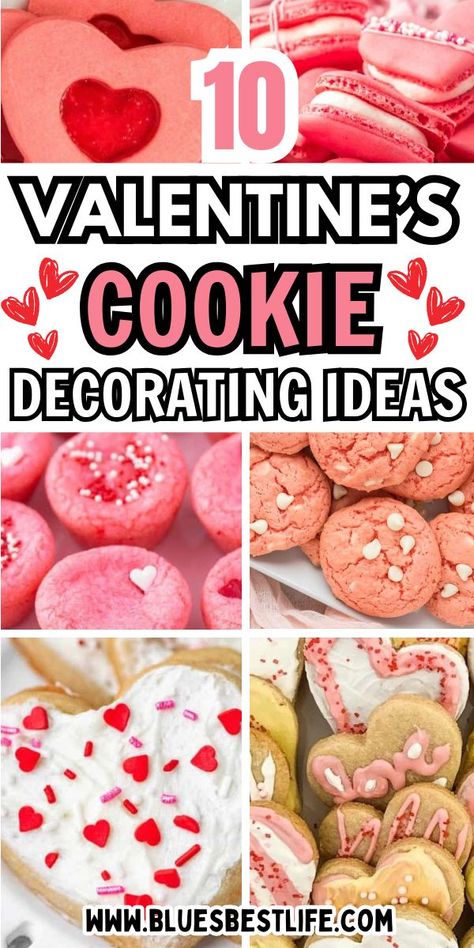 A collection of Valentine's Day cookie recipes that are decorated with cute ideas. Pink Chocolate Chip Cookies, Valentine's Desserts, Valentines Day Cookie Recipe, Valentine Cookies Decorated, Aesthetic Valentines, Cookie Recipes For Kids, Valentines Cookies, Valentines Baking, Valentine Desserts