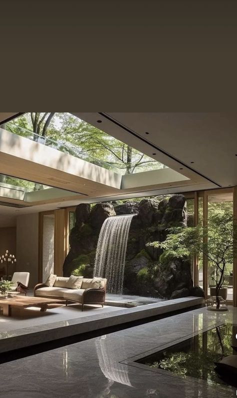 Waterfall Home, Waterfall Interior Design, Indoor Outdoor Spaces Architecture, Waterfall Modern Design, House Behind Waterfall, Waterfall Inside House, Unique Home, House Near Waterfall, Balinese Villa