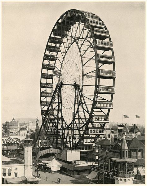 The first Ferris wheel by George Ferris. Build by George Ferris and sometimes known as The Chicago Wheel, it opened to the public on June 21, 1893, at the World's Columbian Exposition in Chicago, Illinois. Columbian Exposition 1893, World's Columbian Exposition, Chicago History, Last Ride, Worlds Fair, My Kind Of Town, White City, The Windy City, Interesting History