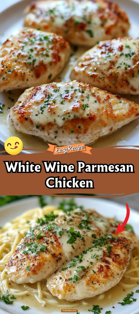 Indulge in the elegant taste of White Wine Parmesan Chicken, where succulent chicken meets a creamy white wine and Parmesan sauce. This sophisticated dish is perfect for a romantic dinner or a special family meal. It’s not only delicious but also easy to prepare, making any evening feel a bit more special. #WhiteWineChicken #ParmesanLovers #EasyGourmet White Wine Parmesan Chicken, White Wine Pepper Sauce Chicken, Chicken And White Wine Sauce, White Wine Dinner Recipes, Chicken Wine Sauce, Recipes With White Wine, Easy Romantic Dinner For Two, White Meat Recipes, Chicken In White Wine Sauce