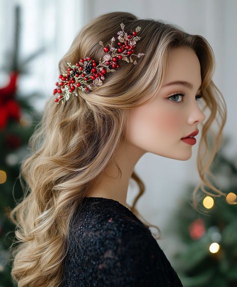 christmas hair Using A Curling Iron, Soft Bouncy Curls, Formal Christmas Party, Glitter Roots, Casual Christmas Party, Festival Headband, Look Sophisticated, Christmas Hair Accessories, Hot Rollers