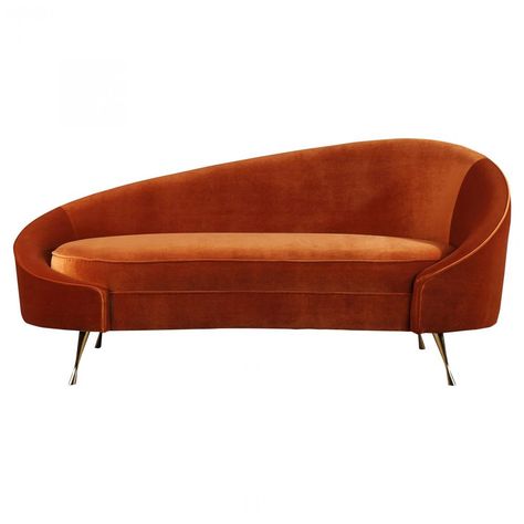 Jair Mid Century Orange Upholstered Gold Metal Chaise Lounge Art Deco Chaise Lounge, Daybed In Living Room, Velvet Chaise Lounge, Upholstered Chaise Lounge, Upholstered Chaise, Chaise Lounges, Focal Points, Stainless Steel Legs, Chaise Lounge Chair