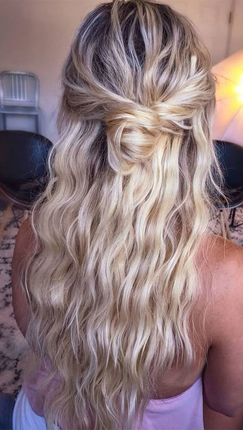 Casual Wedding Hairstyles Half Up, Beachy Hairstyles For Wedding, Beach Waves Hairstyles Half Up, Half Up Half Down Hair Beach Waves, Beach Curls Half Up Half Down, Beach Waves Hair Half Up Half Down, Half Up Half Down Wedding Hair Beach Waves, Beach Wave Hair Styles Half Up, Beach Wave Half Up Half Down Wedding