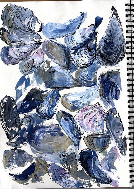 Mussel Shells Painting Natural Things Drawing, Gcse Art Sketchbook Beach, Textiles Inspired By Water, Shells Gcse Art, Water Textiles Sketchbook, Shell Sketchbook, Mussel Illustration, Watercolour Background Ideas, Shells Painting