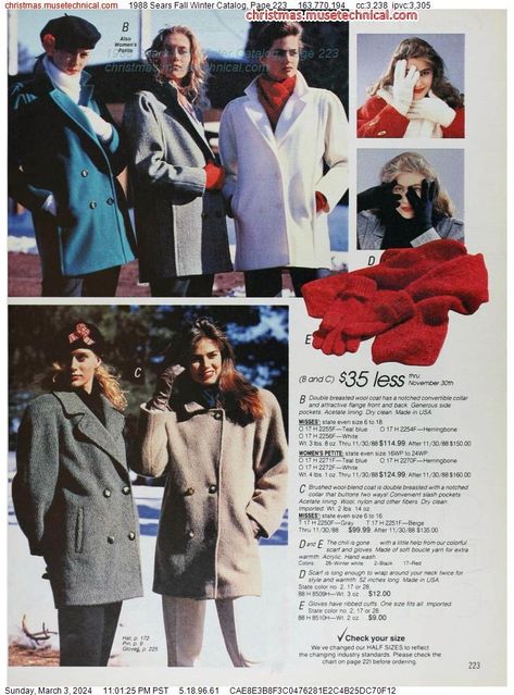 1988 Sears Fall Winter Catalog, Page 223 - Catalogs & Wishbooks Christmas Catalogs, 80s Fashion, Trench Coat, Fall Winter, Christmas, Closet, Clothes