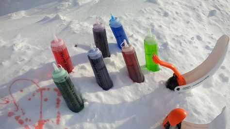 Snow activities for my daughter's sledding party. Food colouring & water in squeeze bottles and snowball makers. Recommend buying good quality squeeze bottles, not dollar store - they leak. Sledding Birthday Party, Outdoor Kids Party, Sledding Party, Snow Party, Winter Birthday Parties, Snow Activities, Food Colouring, Winter Birthday, Squeeze Bottles