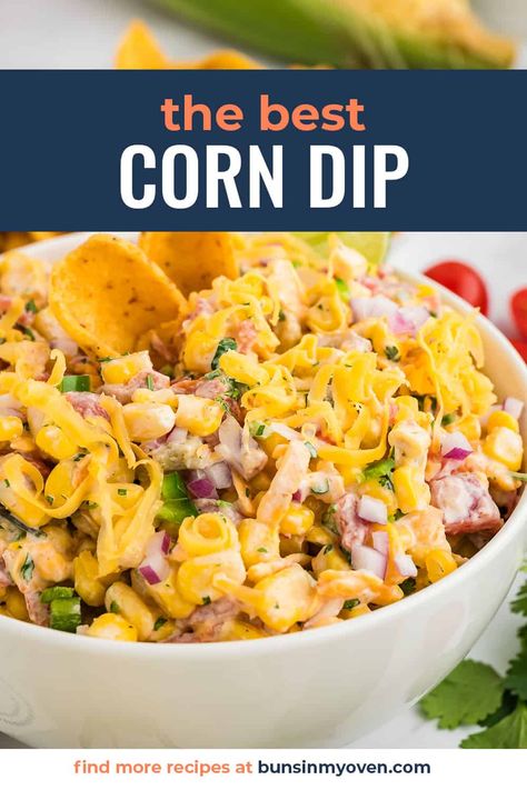 This cold corn dip is made with just a few easy ingredients and served cold. Mix it up in one bowl and dig in! It's one of the easiest dips you'll make and it easily feeds a crowd. Cold Corn Dip With Fritos, Easy Cold Corn Dip, Corn Dip Recipe Cold, Corn Dip Cold, Mexi Corn Dip, Cowboy Corn Dip, Corn Dip With Fritos, Cold Corn Dip, Creamy Corn Dip