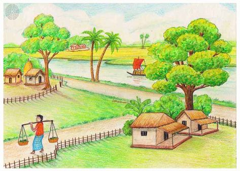 Beautiful village scenery easy drawing. Image by- k art and craft Step By Step Landscape Drawing, Cute Aesthetic Keyboard Wallpaper, Scenery Drawing For Kids, Make Drawing, Village Scenery, Village Drawing, Easy Step By Step Drawing, How To Make Drawing, Nature Scenery