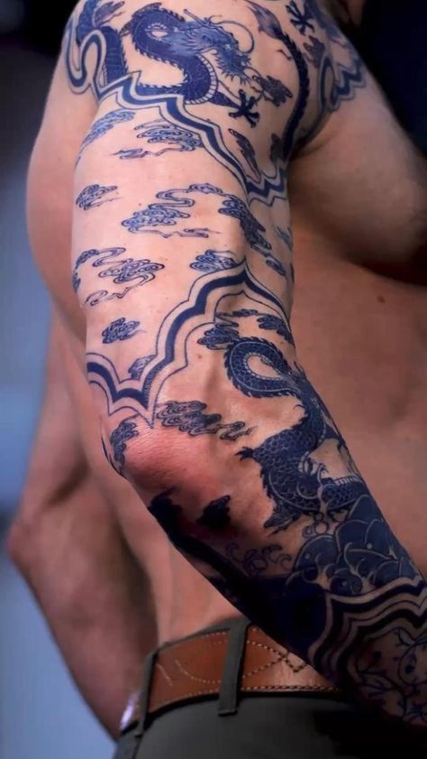 Discover 20 Top Tattoo Sleeve Fillers for 2024: Traditional to Trendsetting Ideas Tattoo Sleeve Fillers, Porcelain Tattoo, Blue Dragon Tattoo, Blue Ink Tattoos, Tattoo Sleeve Filler, Bookish Tattoos, Torso Tattoos, Dragon Tattoo For Women, 4 Tattoo