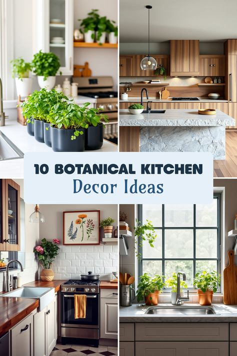 Explore 10 inspiring ideas to design a botanical-themed kitchen. Discover stylish herb planters, unique vintage art, and practical windowsill ideas. This pin showcases 4 beautiful images that encapsulate a lovely kitchen ambiance. Herb Themed Kitchen, Kitchen Plants Ideas, Herb Wall Kitchen, Greenery Above Kitchen Cabinets, Botanical Kitchen, Herb Wall, Plant Kitchen, Above Kitchen Cabinets, Kitchen Plants