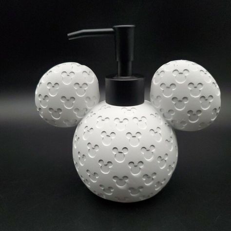 Disney Mickey Mouse (White) 3d Print Soap/Lotion Dispenser With Black Pump New. New Resin White Logo 3d Mickey, Minnie Mouse Disney Soap Dispenser. Black Pump. Approximate Dimensions: 6" H X 6"D X 3.75"W Dispenser Condition: Brand New. From A Smoke And Pet Free Home. Mickey Mouse Bathroom Decor, Disney Bathroom Ideas For Adults, Mickey Bathroom, Mickey Mouse Bathroom, Disney House Ideas, Cement Home, Disney Bathroom, Disney House, Disney Home Decor