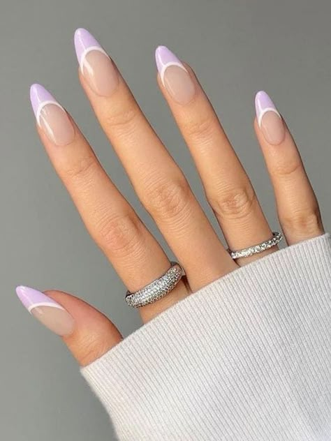 Lavender and white double French tips Nails For Prom, Ongles Gel French, Grad Nails, Light Purple Nails, Hoco Nails, Nails Korean, Nails Inspo Aesthetic, Purple Tips, Bday Nails