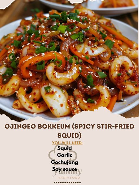 🐙 Savor the spicy and flavorful Ojingeo Bokkeum! 🌶️✨ #OjingeoBokkeum #KoreanCuisine Ojingeo Bokkeum (Spicy Stir-Fried Squid) Ingredients: Squid, cleaned and sliced (1 lb) Gochujang (Korean chili paste) (2 tbsp) Soy sauce (1 tbsp) Garlic, minced (3 cloves) Onion, sliced (1) Carrot, julienned (1) Bell pepper, sliced (1) Green onions, chopped (1/2 cup) Sesame oil (1 tbsp) Sesame seeds (1 tbsp) Vegetable oil (for cooking) Instructions: Marinate squid in gochujang, soy sauce, and garlic for 20... Ojingeo Bokkeum, Squid Stir Fry, Fried Squid, Korean Chili, Korean Chili Paste, Manga Food, Chili Paste, Food Pantry, Cooking Instructions