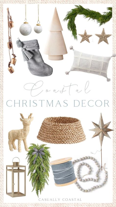 Looking for coastal Christmas decor ideas? From coastal Christmas tree decorations and garland to stockings, vintage bells and pillows, I've rounded up all of my favorites into one shoppable post! #christmasdecorideas #christmasdecorations Coastal Christmas Pillows, Beach Home Christmas Decor, Neutral Coastal Christmas Decor, Cozy Coastal Christmas, Coastal Holiday Decor Christmas Ideas, Southern Coastal Christmas Decor, Coastal Granddaughter Christmas, Coastal Theme Christmas Tree, Modern Coastal Christmas Tree