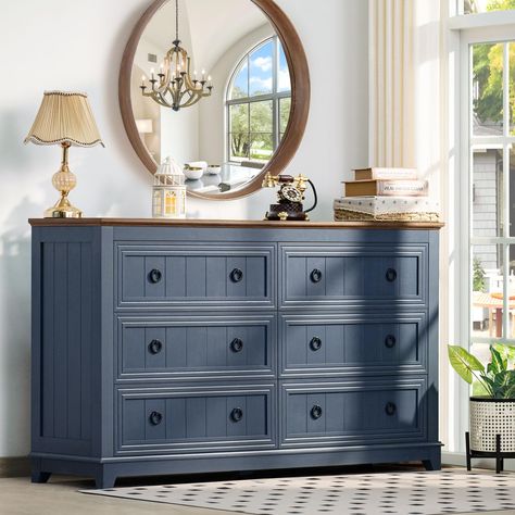 PRICES MAY VARY. Farmhouse-Inspired Design: The 6 drawer dresser for bedroom combines farmhouse style with modern practical design. The refined high-end and minimalist linear design of this chests of drawers is visually appealing at all times. The wood dresser design is perfect for wardrobes, bedrooms, game rooms, entryways, and comes in multiple color options to seamlessly blend into any home decor. Versatile Storage Space: This bedroom dressers with drawers is an ideal storage cabinet for the Design Tv Stand, Tv Stand Rustic, Blue Dresser, Design Tv, Dresser Design, Dresser For Bedroom, Dresser Organization, Dresser Chest, Blue Furniture