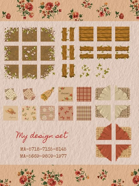 Acnh Home Wallpaper Design Codes, Cottagecore Acnh Designs, Acnh Cottagecore Flower Codes, Acnh Stall Code Cottagecore, Country Acnh Codes, Acnh Campsite Design Codes, Cottage Core Paths Acnh Code, Cottage Core Items Acnh, Acnh Wreath Code