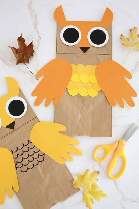 Owl Puppet Paper Bag, Paper Bag Owl Craft For Kids, Fall Paper Bag Crafts, Halloween Paper Bag Crafts, Paper Bag Halloween Crafts, Brown Paper Bag Crafts, Learning About Seasons, Paper Bag Owl, Owl Puppet