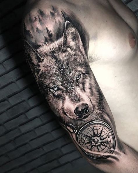 Half Sleeve Tattoo For Men, Arm Tattoos Wolf, Half Sleeve Tattoos Wolf, Wolf Tattoo Shoulder, Chest Tattoo Wolf, Sleeve Tattoo For Men, Shoulder Piece Tattoo, Half Sleeve Tattoo Ideas, Wolf Girl Tattoos