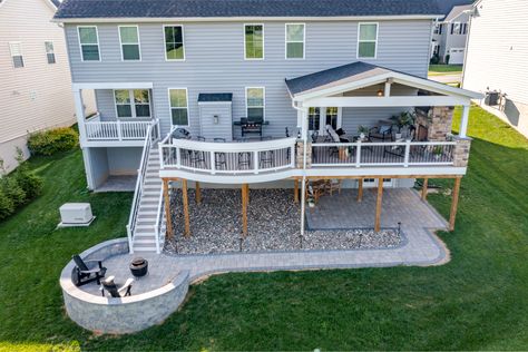 Back Deck 2nd Story, Second Story Decks And Porches, Second Story Deck Design, Second Story Deck With Roof, Two Story Deck Walkout Basement, Upper Deck Ideas Second Story, 2nd Story Deck Ideas, Deck With Roof Ideas, Second Floor Deck Ideas